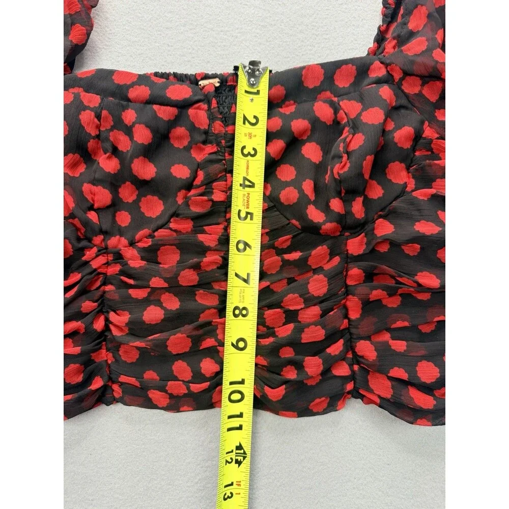 Free People Blouse Womens M Black Red Polka Dot Cropped Balloon Sleeve Top